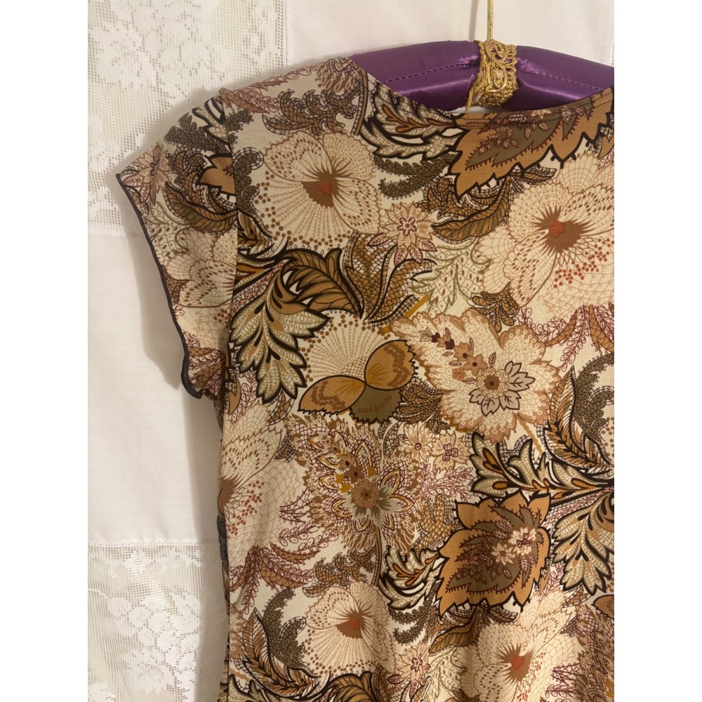 Early 2000's Brown Floral Lace Trim Faux Wrap Babydoll Blouse Size L-XL - Picture 10 of 11